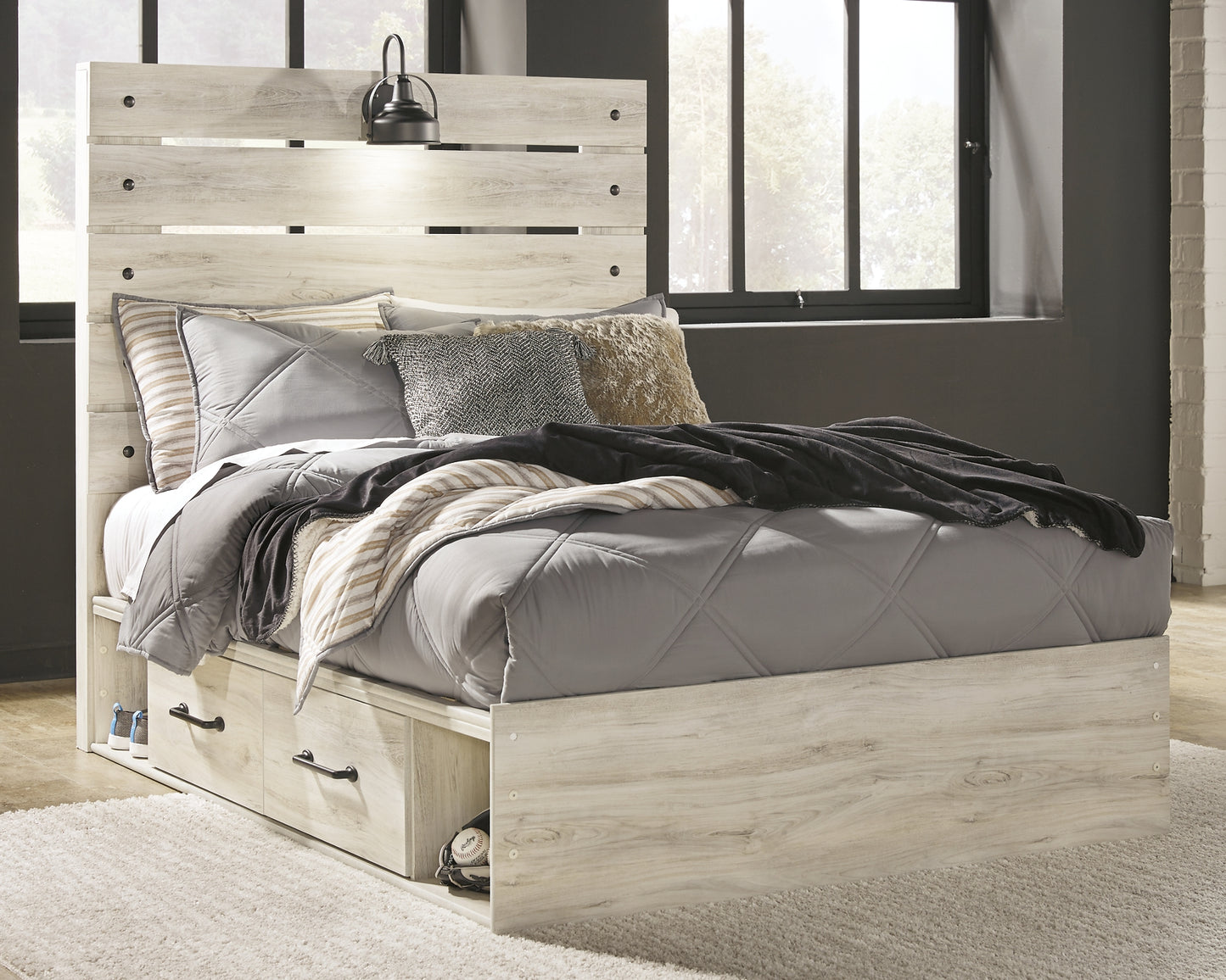 Cambeck  Panel Bed With 4 Storage Drawers With Mirrored Dresser